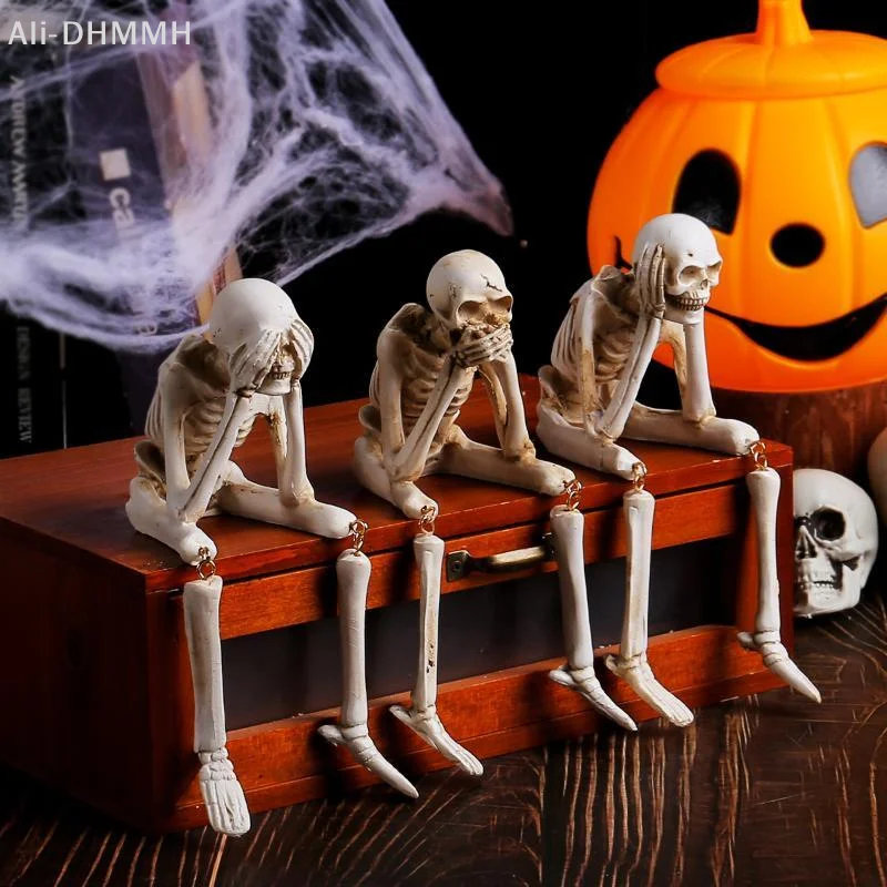 ZLinKJ 3 Pcs Resin See Hear Speak No Skeleton Figurines With Dangling Legs For Halloween Decor