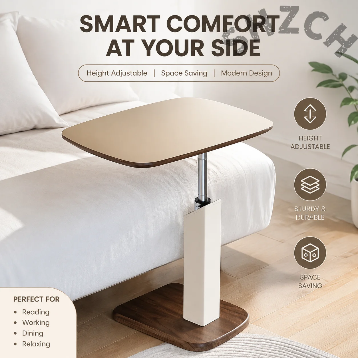 360° Rotating Height-Adjustable Walnut Side Table – Sturdy Mobile End Table for Living Room or Sofa