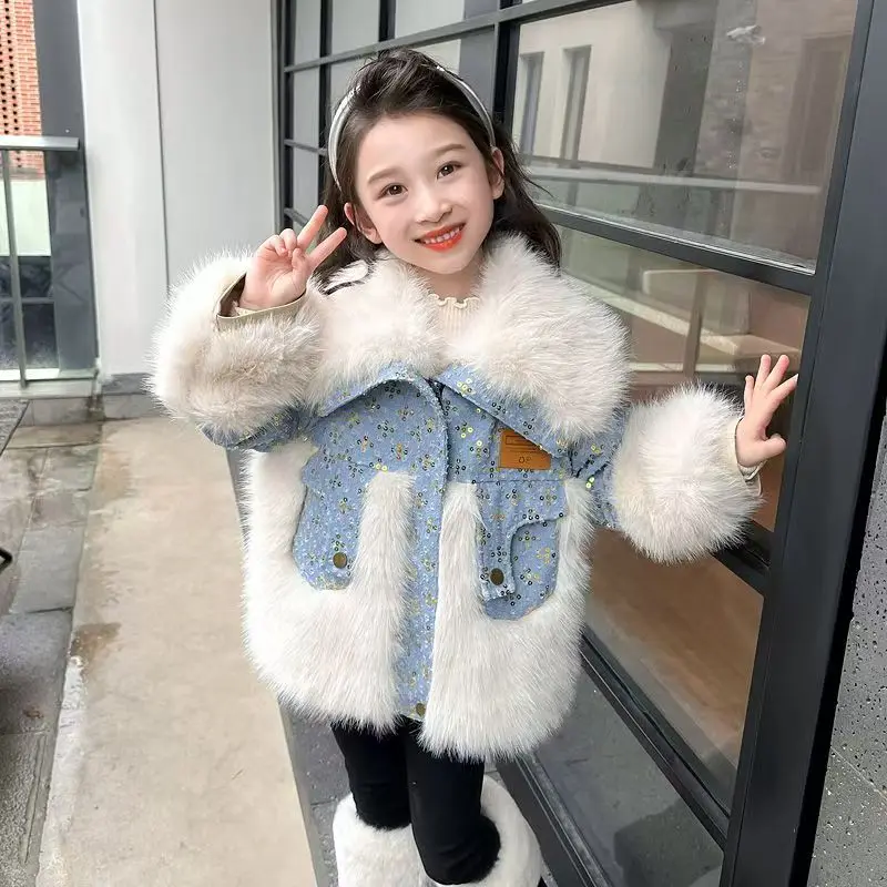 

2025 New Winter Jacket Kids Girl Parkas Warm Faux Fur Coat For Girls Children Sequin Winter Clothes Soft Party Baby Girl Coats