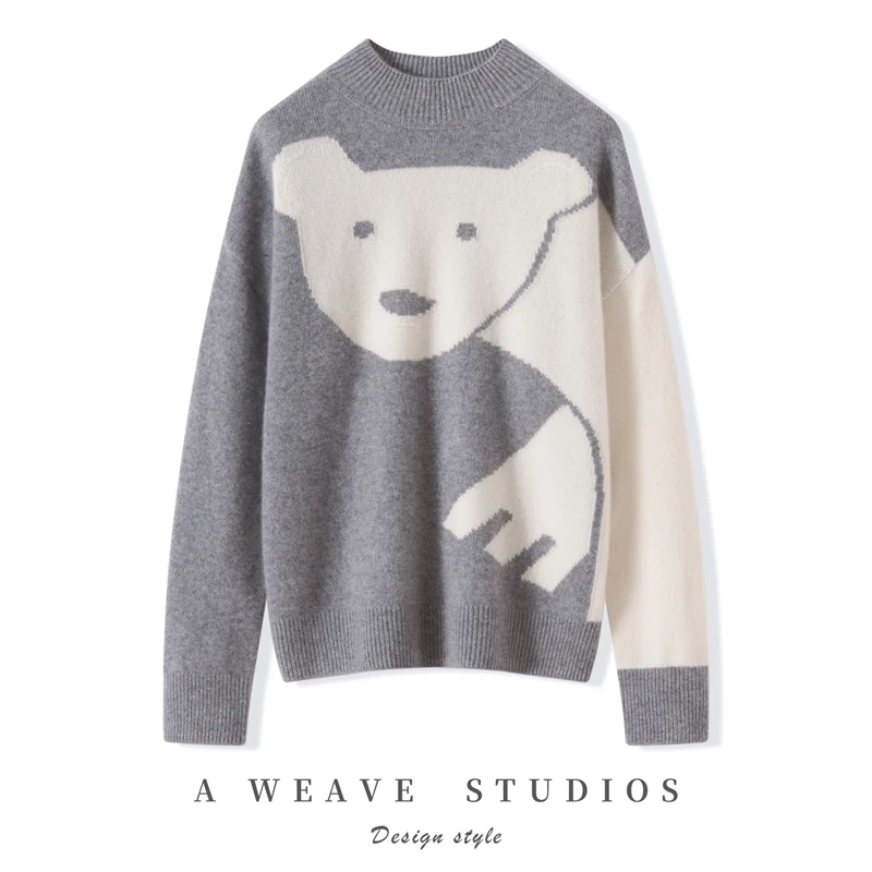 

Women Mock-neck Sweater 100% Cashmere Pullover Dazed bear pattern Autumn Winter Thick Knitwear High Quality Popular Clothing