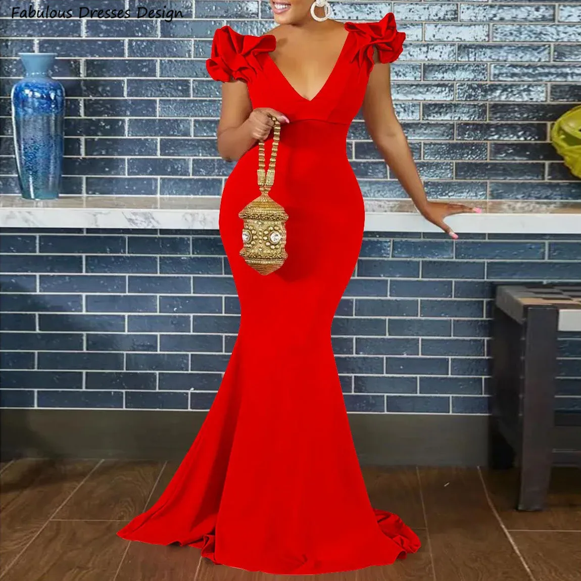 

Formal Cap Sleeve Prom Dresses Red Long Mermaid Ruffles Tiered Evening Gowns V-neck Backless 2024 Wedding Party Dress