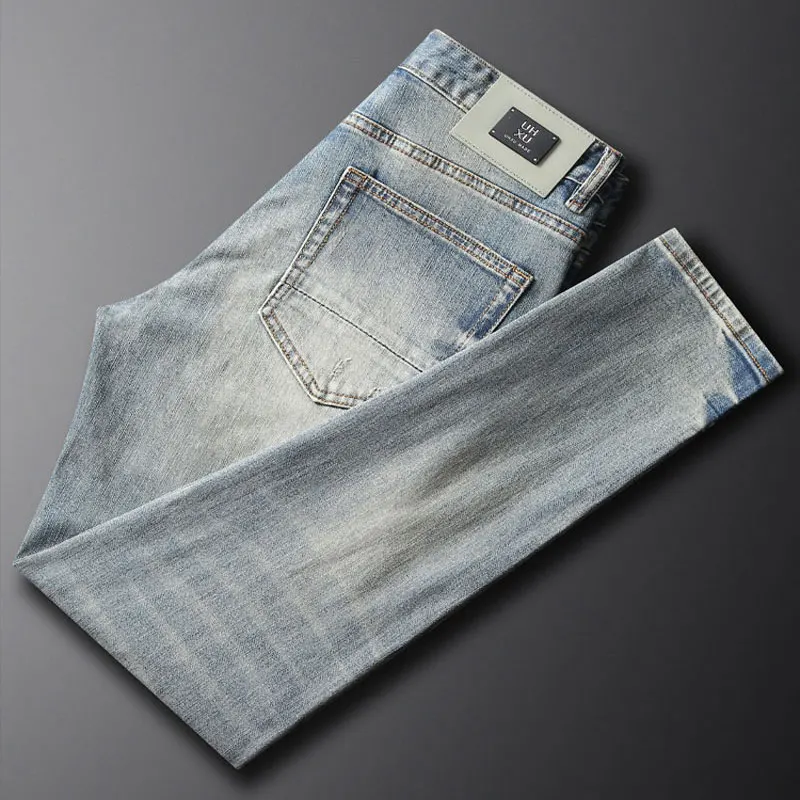 Jeans jeans azul retro lavado masculino, calça elástica, slim fit, rasgado, remendado, designer, hip hop, vintage, moda de rua