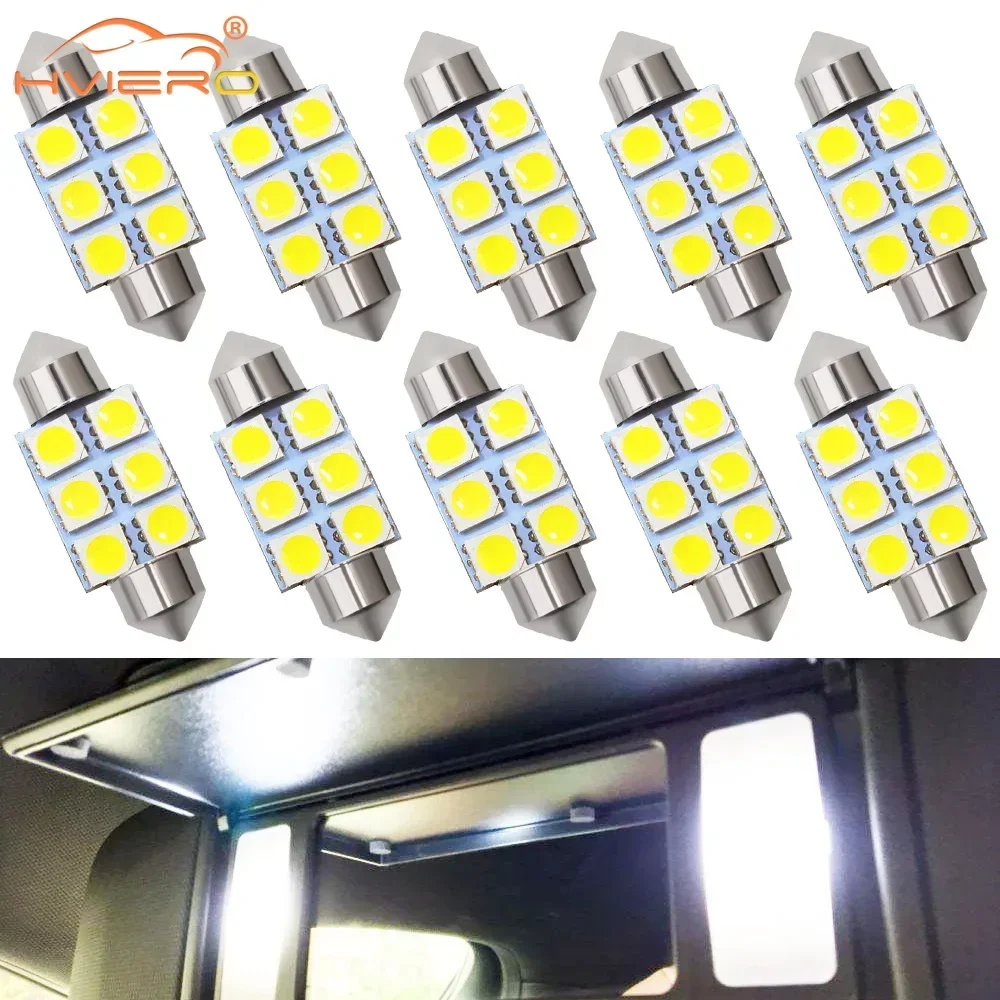 10pcs Car 5050 6SMD Led C5w 31mm 36mm 39mm White License Plate Lamp 12V Interior Reading Festoon Dome Light Tail Bulb Turn Signa