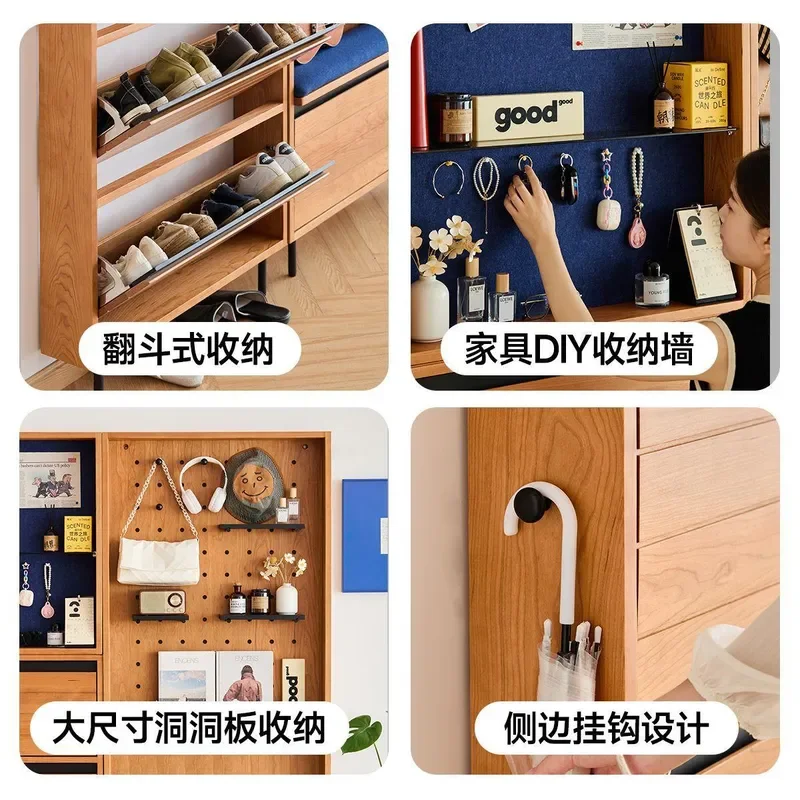 for Japanese Ultra-thin Solid Wood Shoe Cabinet Small Half Furniture Cherry Wood Tipping Bucket Entrance Cabinet for Narrow