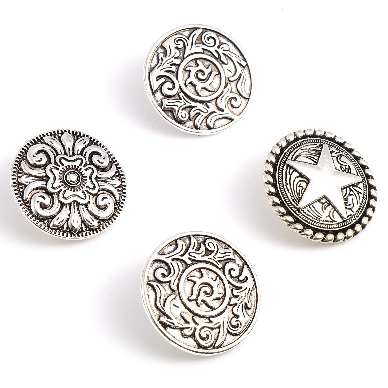 3pcs/lot Retro Round Metal Carved Shank Buttons Vintage Antique Silver Coat Jeans Button Star Flower Leaf Pattern Clothing DIY