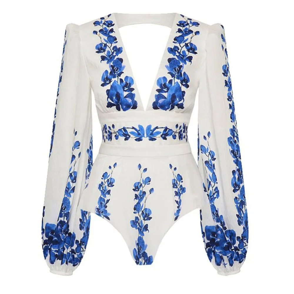 Traje de baño Floral de una pieza para mujer, traje de baño de manga larga, conjunto estampado azul, Vestido de playa, ropa de estilo de vacaciones, falda Maxi, vestido veraniego