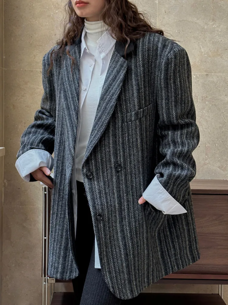 LANMREM Vintage Striped Wool Blazer Women Notched Collar Double Breasted Loose Coat Fashion 2023 Autumn Winter New 2AA3703