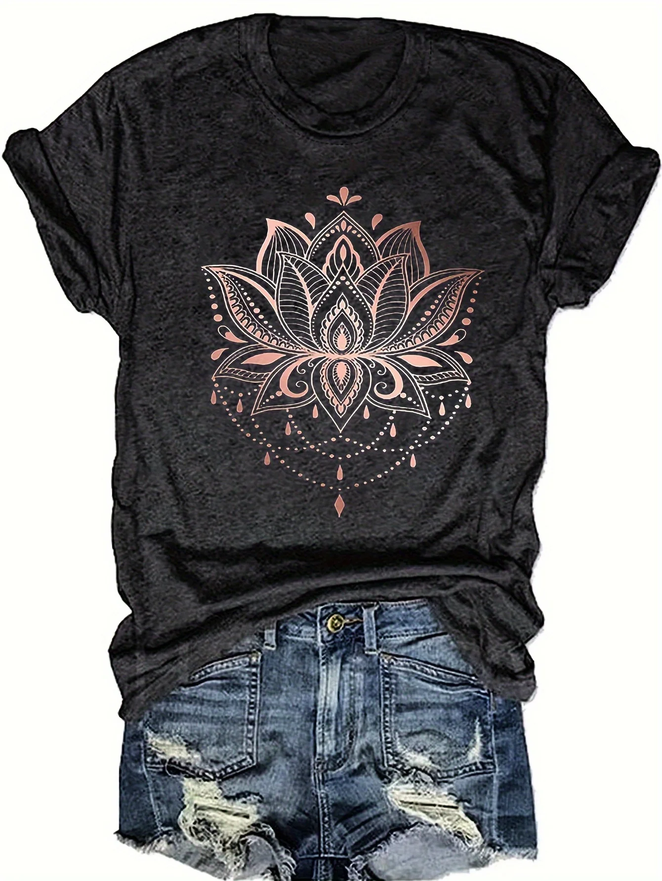 Camiseta Lotus Mandala para mujer - Diseño gráfico en oro rosa, top informal negro