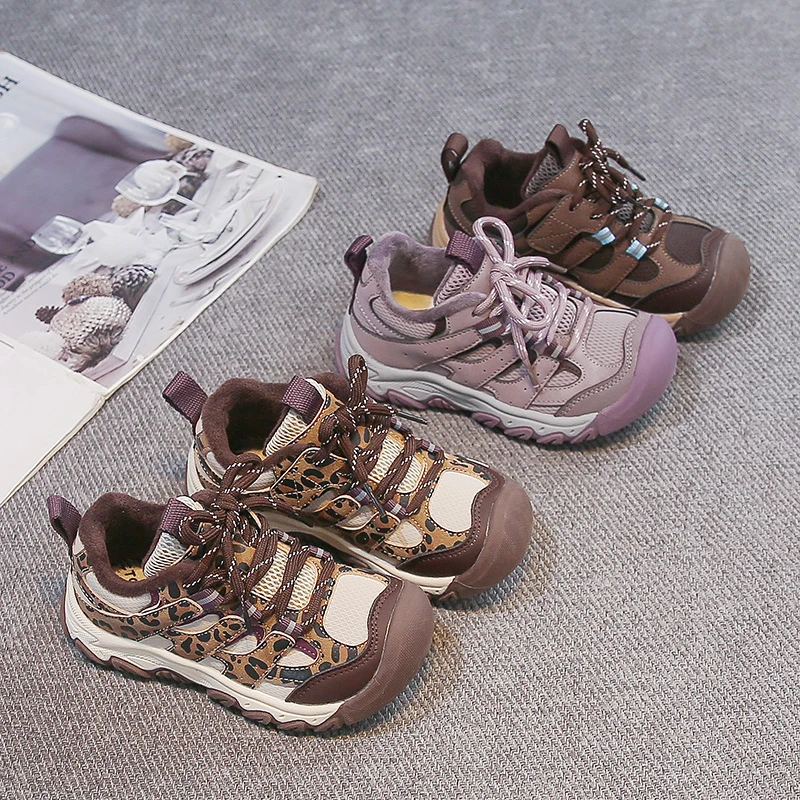 Kids'Casual Shoes PU Leather Color Blocking Winter Flat Shoes For Children Anti-slip Breathable Brown Purple Shoes Size 26-37