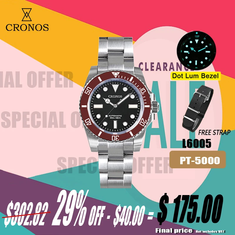 Cronos Sub Diving Orologio da uomo senza data PT5000 Bracciale spazzolato Lunetta in ceramica Chiusura a scorrimento resistente all\'acqua da 200