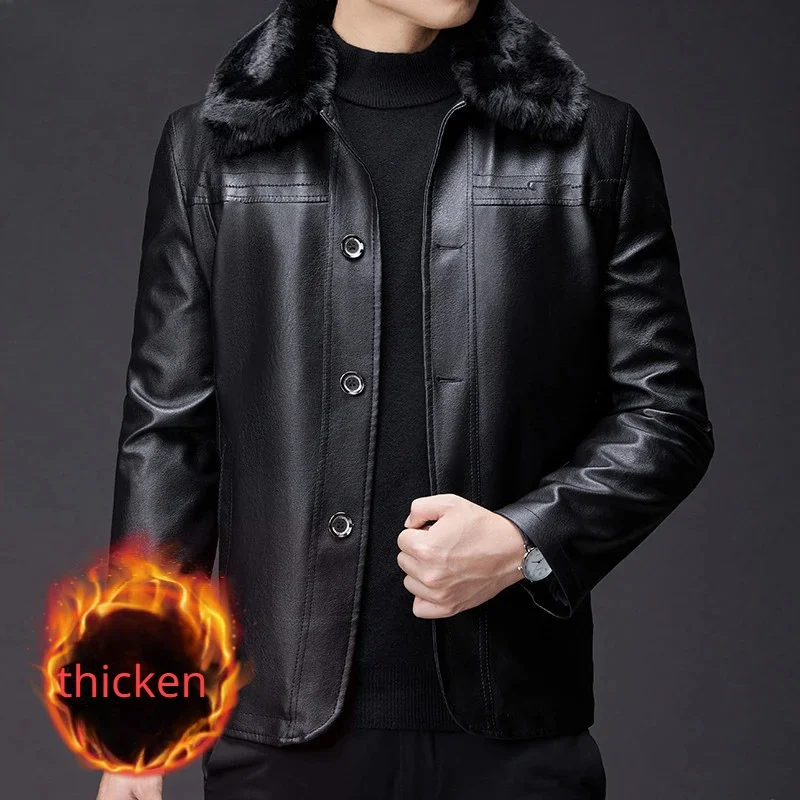 Winter Middle-Aged and Elderly Thicken Fur Integrated Lapel Coat Men Fashion Casual Solid Color Business Leather Jacket