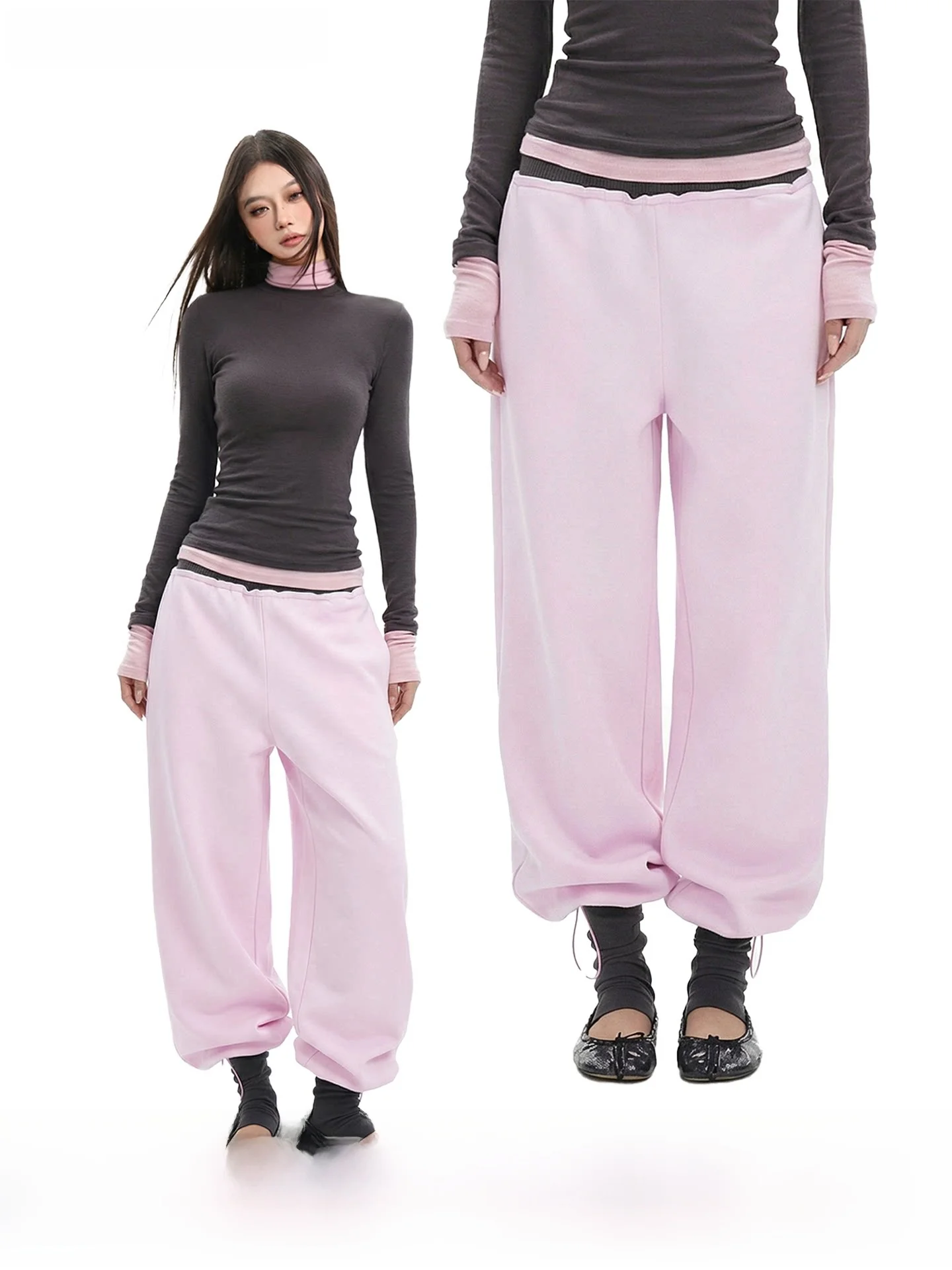 

CCUP SPACE Розовые свободные широкие повседневные брюки для женщин, зимние прямые спортивные штаны, удобные длинные брюки свободного кроя