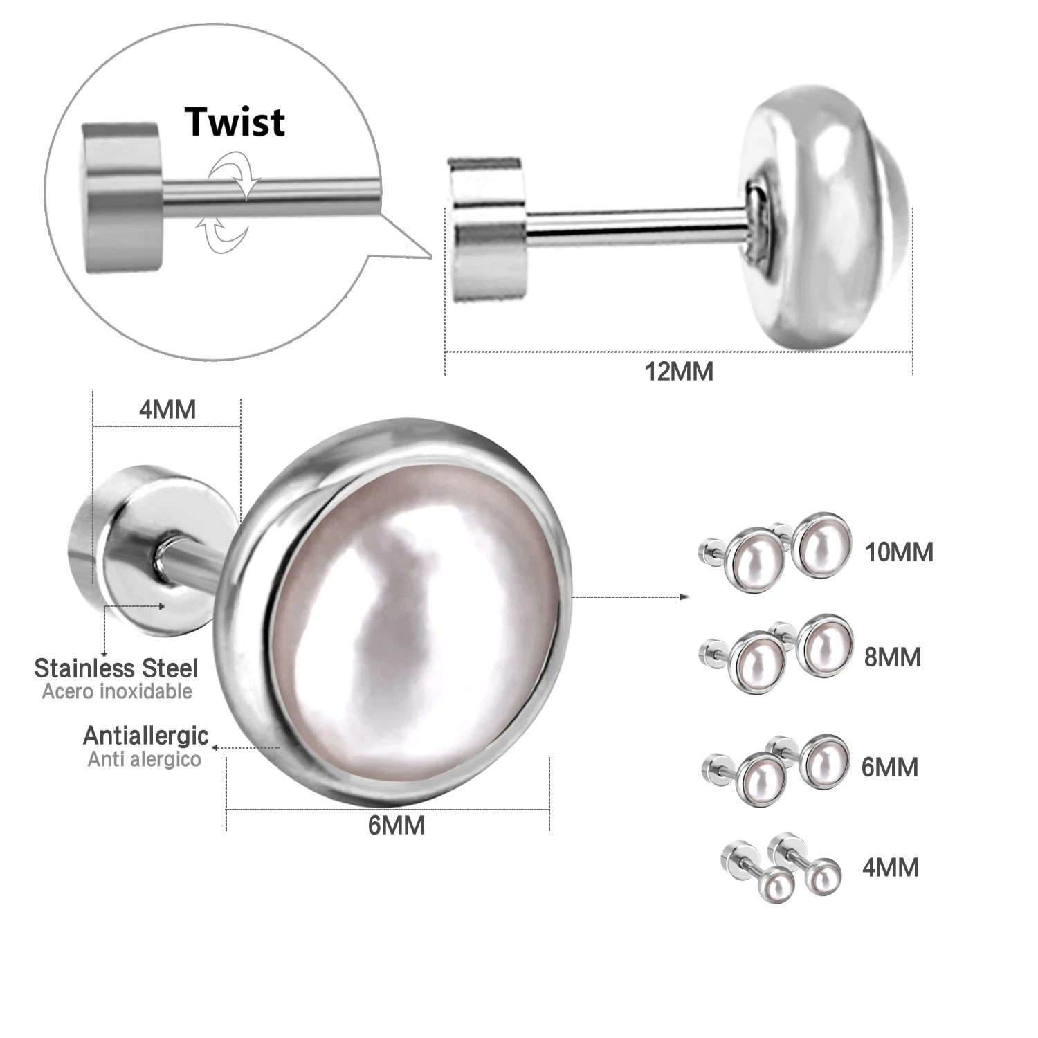 LUXUSTEEL 4-10mm Wholesale Women’s Earrings 12pairs/lots Pearl Shell Blue Tone Stud Earring for Men Jewelry Female Bijoux