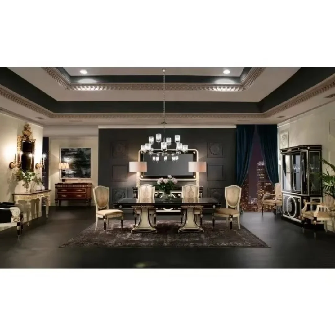 Designer Antique Dining Room Set Luxury Black And Gold Wood High Glossy Rectangular Table With Chairs