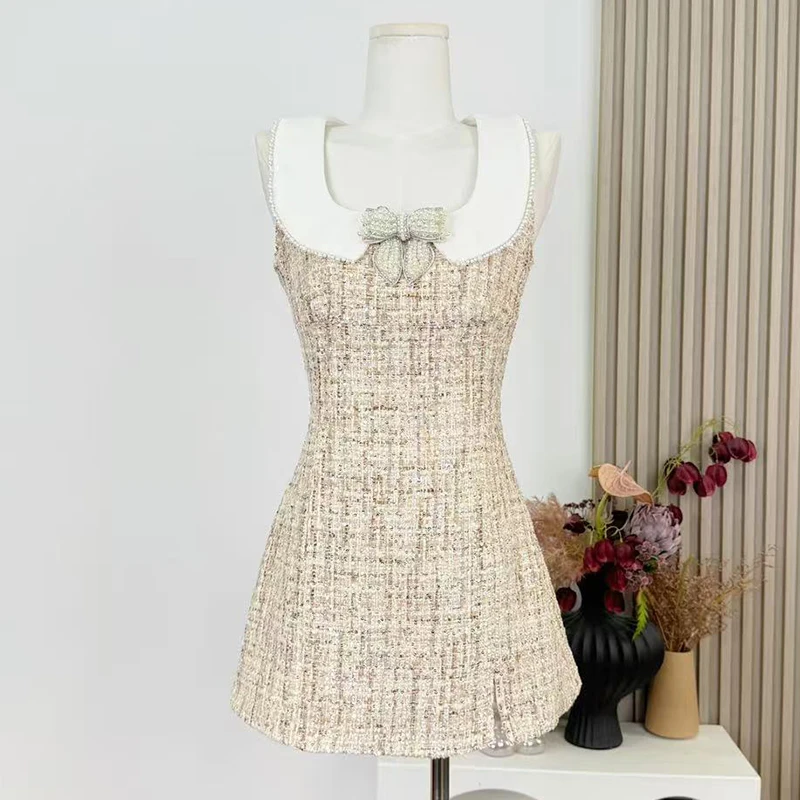 

Korean Sweet Tweed Small Fragrance Short Dresses For Women 2025 Fashion Luxury Beading Summer Dress Hotsweet Sexy Party Vestidos