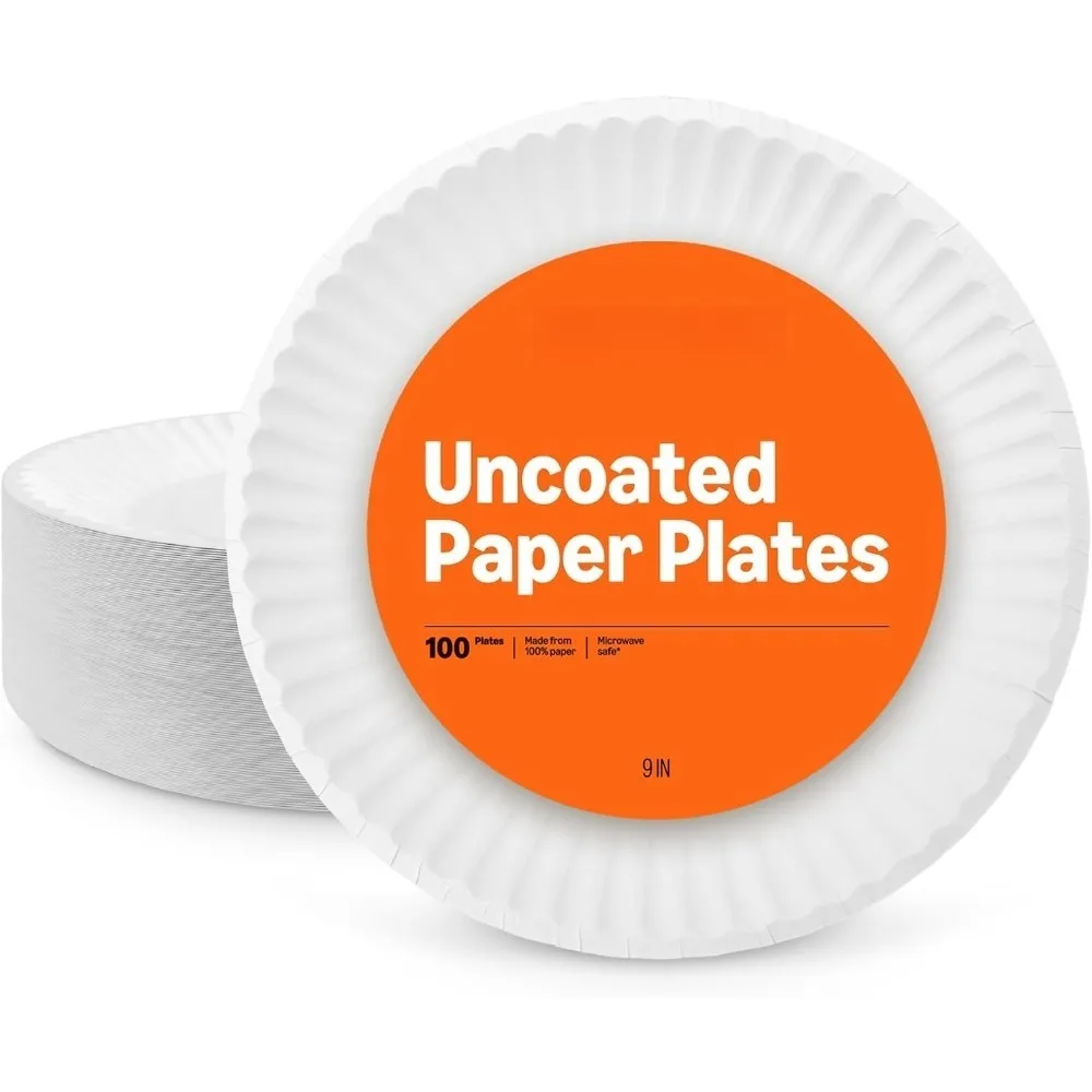9 Uncoated White Paper Plates, Microwave Safe, 100 Count Bulk for Party and Daily Use