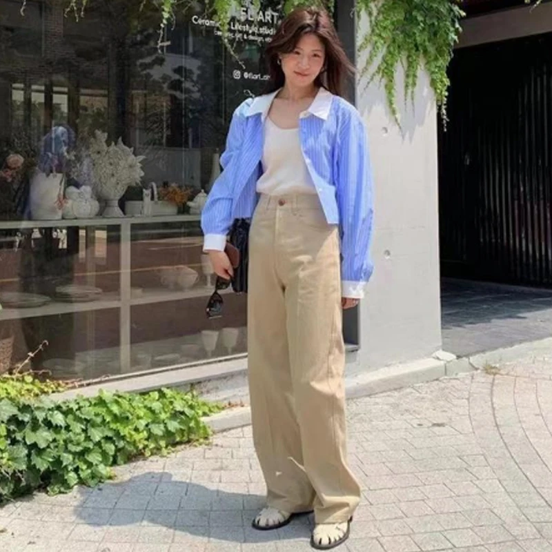 Chic Autunno Lungo Sve ort irt Colletto da donna a righe Coreano Sle Pendolarismo Faion Button up Casual Loose Fit irt