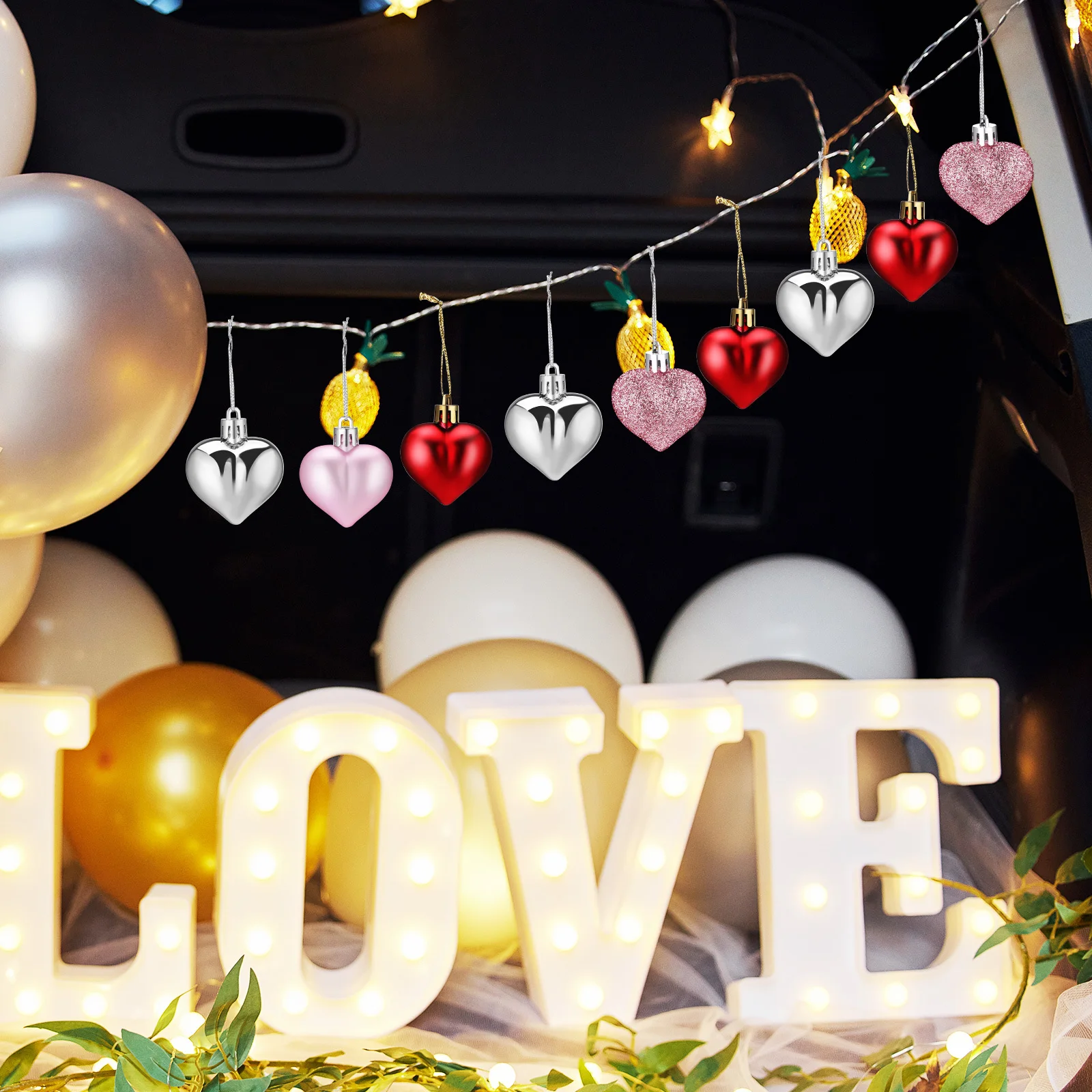 

48Pcs Shiny Heart Ball Decorations Festive Hanging Ornaments for Valentine's Day Wedding Christmas Home Tree Display