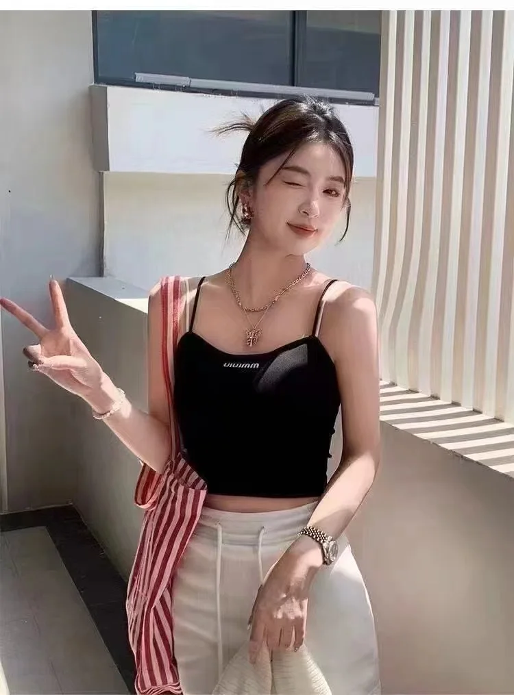 

Chic White Ribbed Spaghetti Strap Crop Top For Woman Streetwear Female Spring Summer Woman Solid Eye-catching High Quality