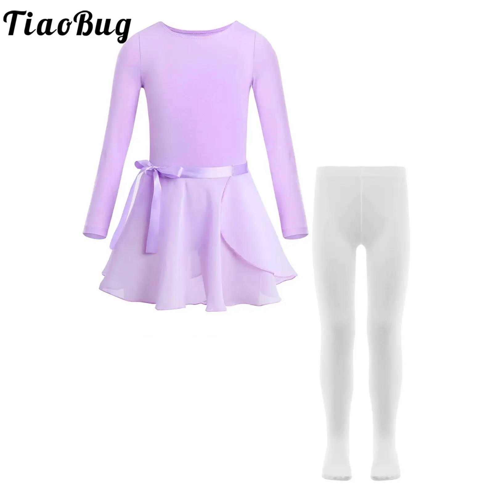 

Ballet Dress Outfits Gymnastics Leotards for Girls Kids Long Sleeve Ballet Self-Tie Chiffon Skirt Leotards Pantyhose Dance Set
