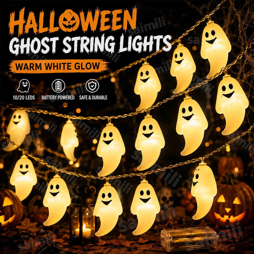 Halloween Ghost Shape LED Fairy Lights Battery Operated Spooky Glow String Horror Decor Prop For Home Holidays Party Decor Lamp