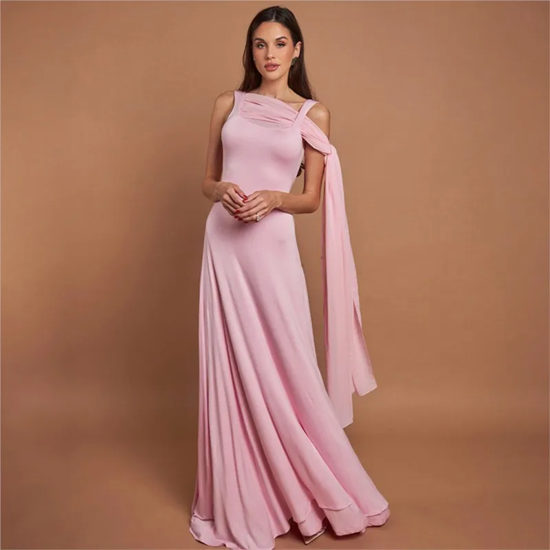 

Sexy Elegant Pink Solid Color Slim Long Dress For Women Fashion Off-shoulder Backless Cape Sleeve One Line Neck Party Dresses