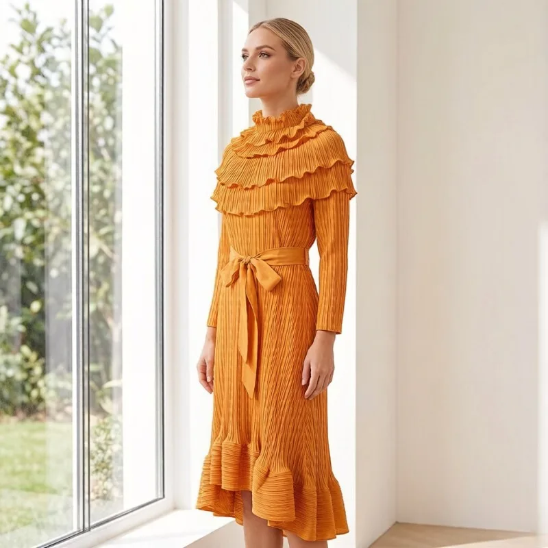 

Плиссированное платье Miyake для женщин, новинка 2026 года, высококачественное, с воротником-шарфом, модное, с рукавом три четверти, однотонное, пуловер, с оборками