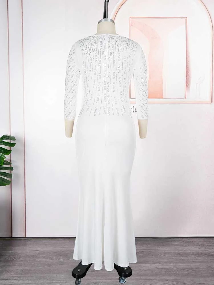 Vestidos de talla grande para mujer elegante fiesta Color sólido diamante vestidos de noche largos Maxi vestido de manga larga venta al por mayor Dropshipping
