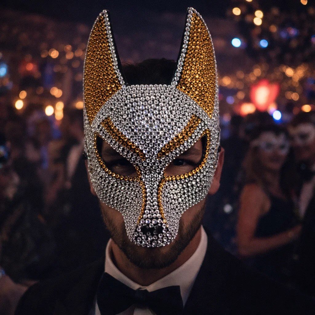 Luxuriöse Strass-Wolfmaske, Glänzende Tier-Halbgesichtsmaske für Maskenbälle, Halloween-Partys und Kostümveranstaltungen