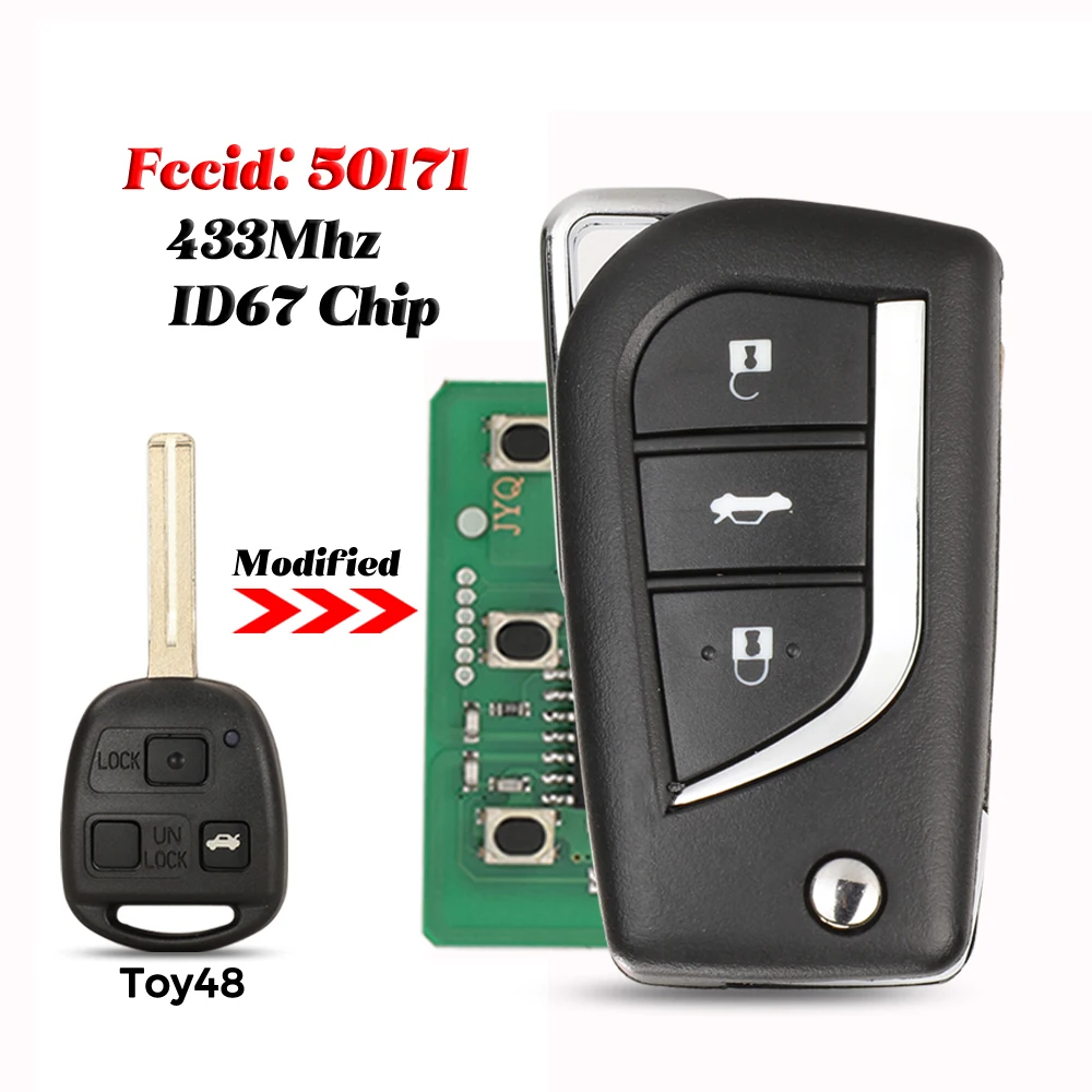 

jingyuqin Modified Flip Remote Car Key Fob 433MHz 4D67 Chip 2/3 Buttons For Toyota Lexus Prado 120 RAV4 Kluger FCC ID: 50171