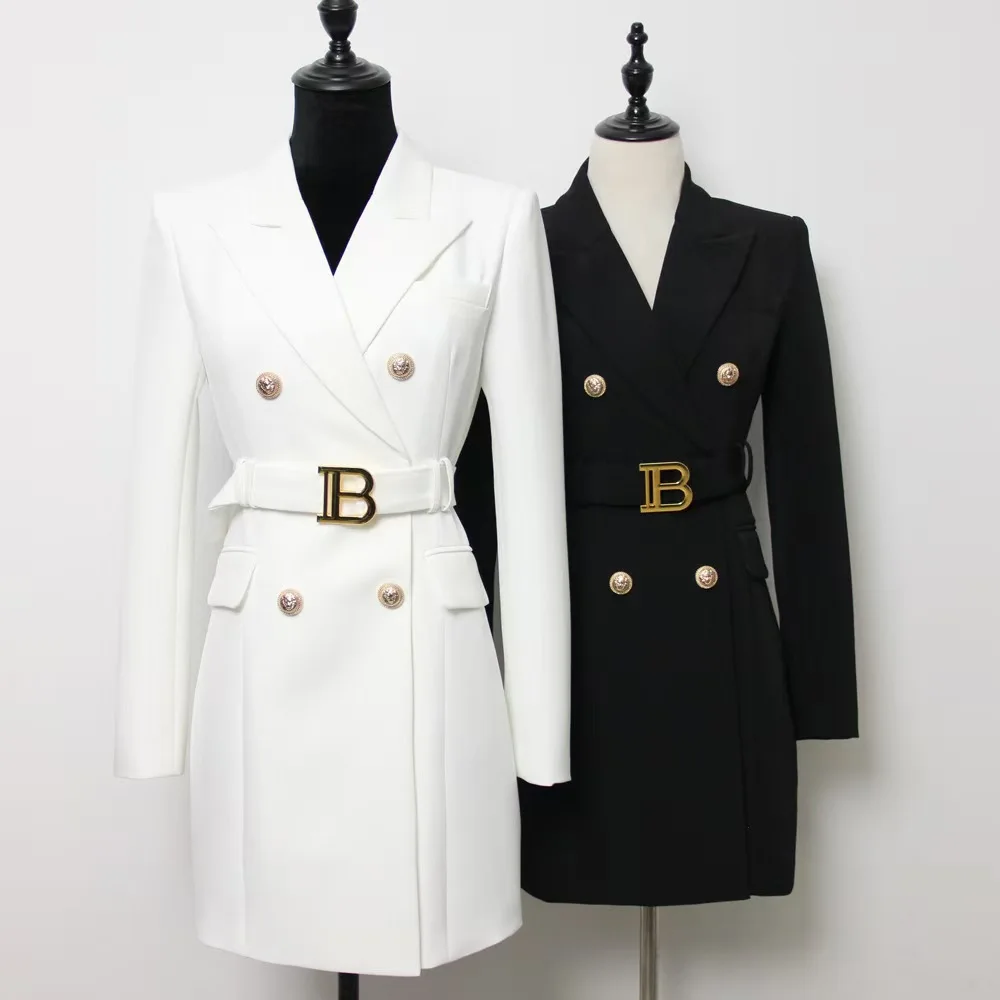 

Spring 2025 Fashion Slim Fit Long Sleeve Suit Dress with Lion Buckle Belt Commute Women's High Quality Polyester Clothing