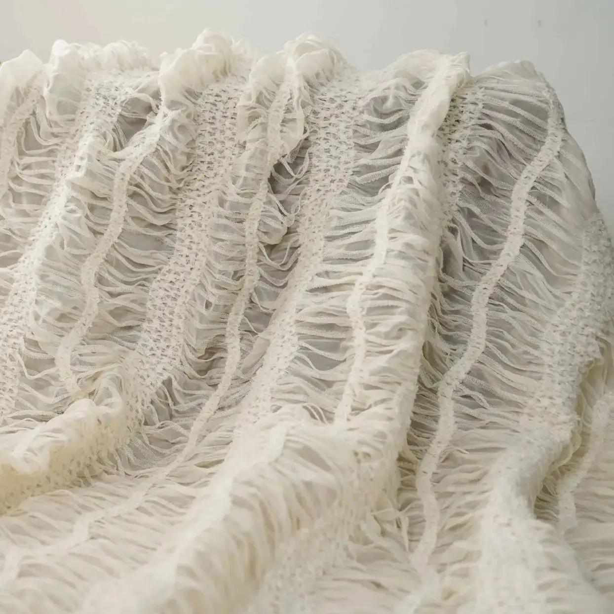 

New wavy lace elastic ruched fabric embroidered crochet chiffon fabric for wedding dresses gowns designer fabric