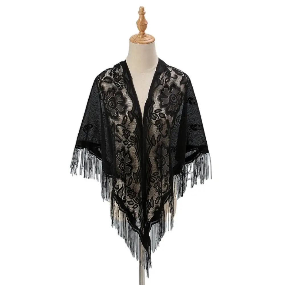 Transparent Lace Flower Tassel Scarf Bride Wedding Shawl Mesh Yarn Triangle Neck Scarves Dress Decor Korean Style