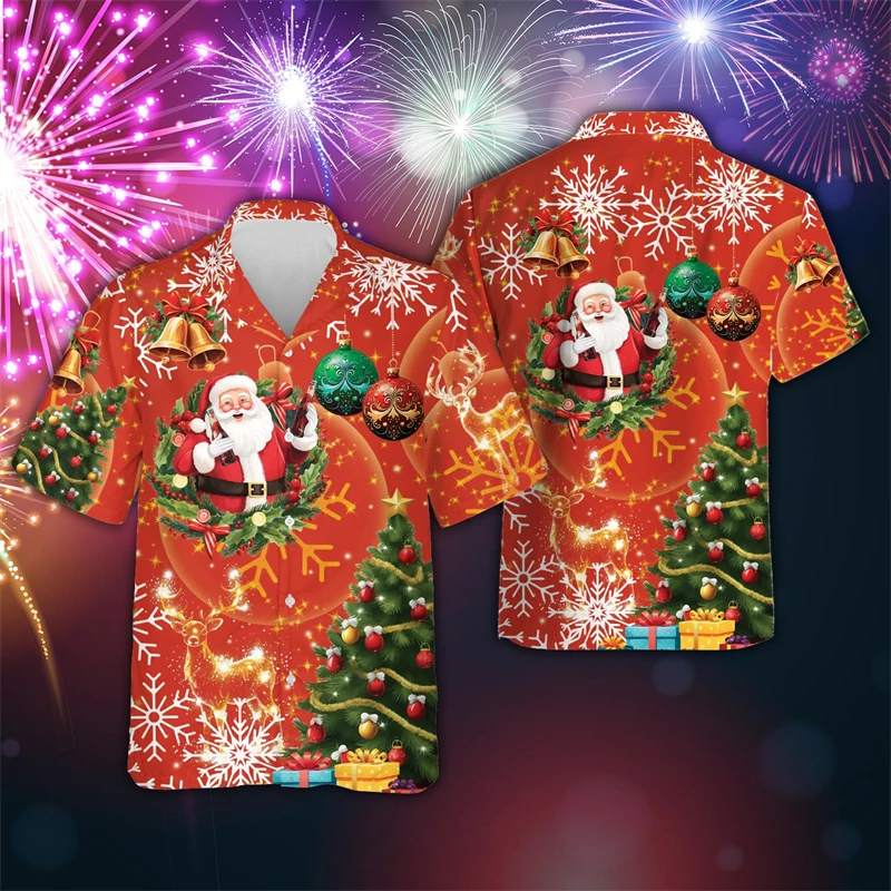 2025 Happy New Year Graphic Shirts For Men Clothes Harajuku Fashion Merry Christmas Lapel Blouse Funny Gifts Blouses Xmas Tops