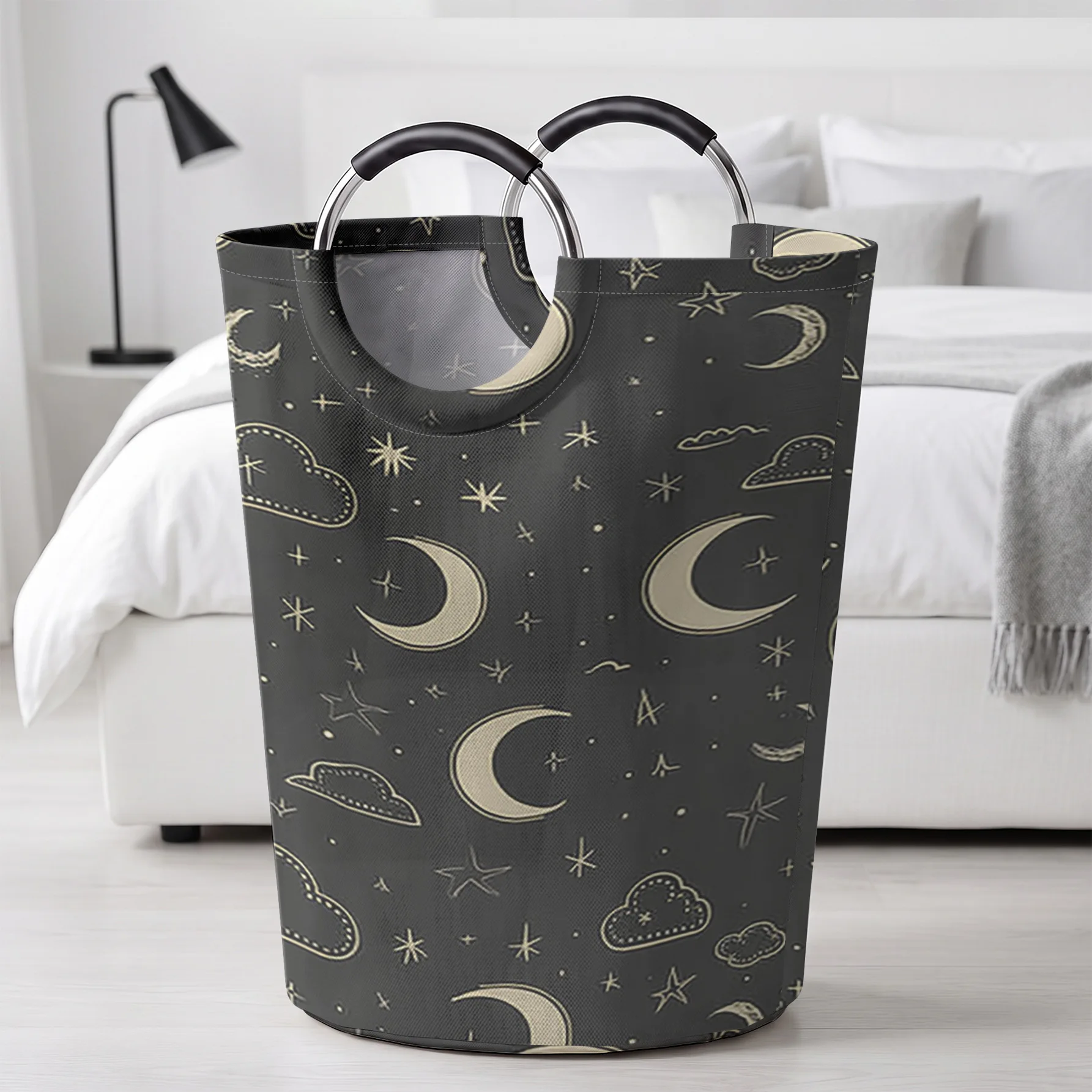 Dark Background Moon Star Cloud Handled Storage Basket, Large Capacity, For Laundry, Bedroom & Sundries Storage