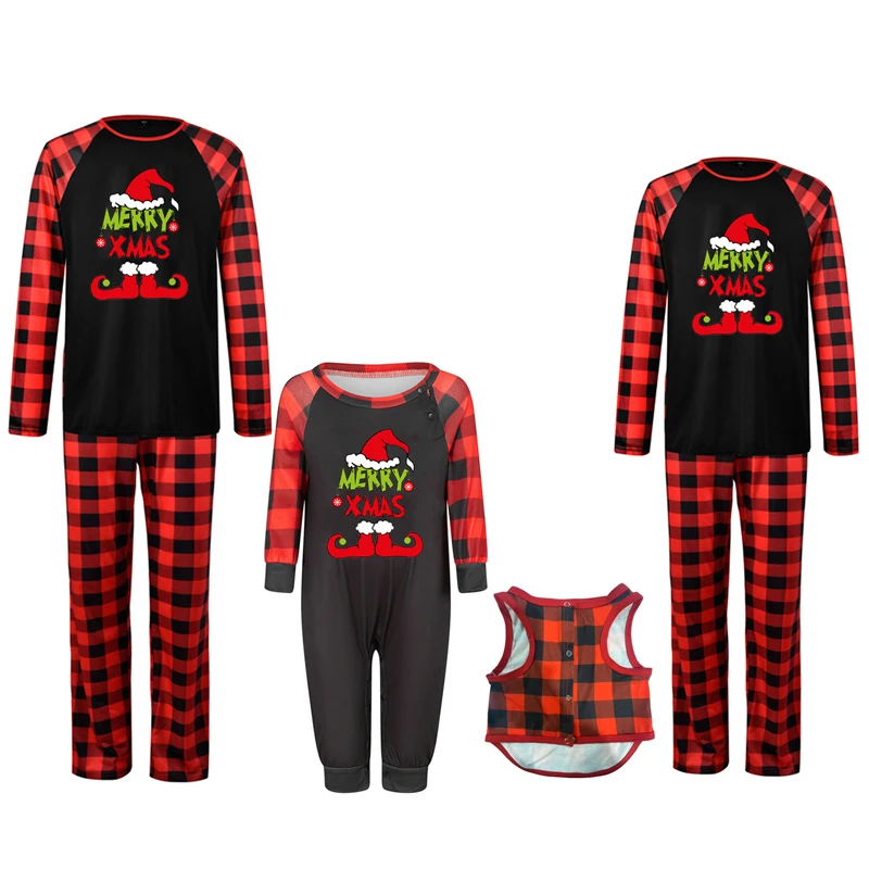 Festive Family Matching Christmas Pajamas Set with Long Sleeve Cartoon Print Tops and Plaid Trousers for Holiday Nightwear