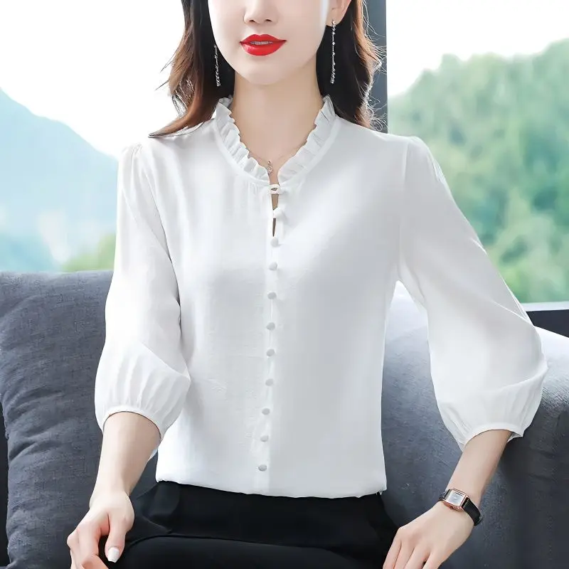 Fashion Elegant Blouses Solid Color Patchwork Button Ruffled Three Quarter Sleeve Summer Thin Simplicity Women\'s Clothing 2023
