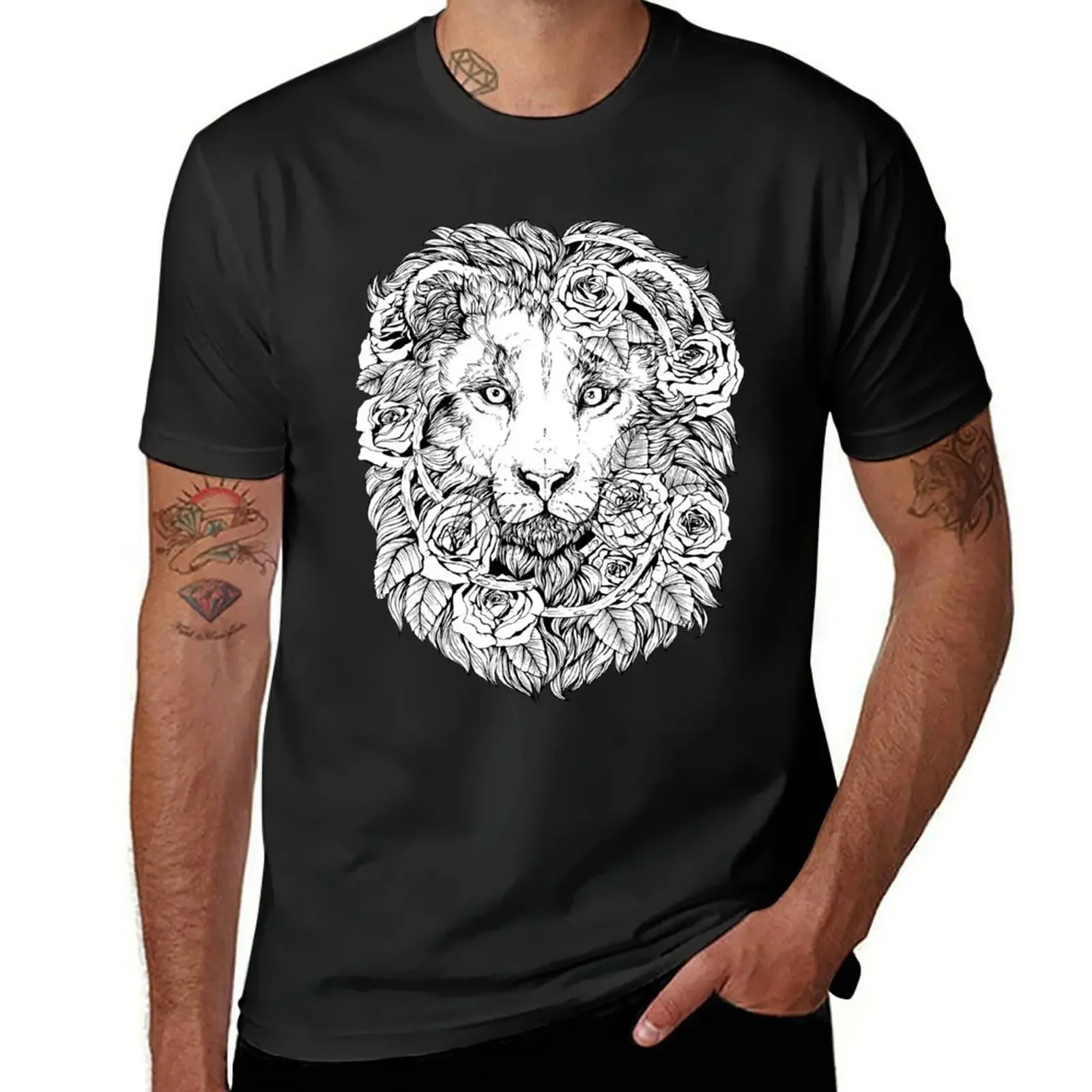 

Lions and roses - Black and white T-Shirt heavyweights sweat summer top t shirts for men graphic