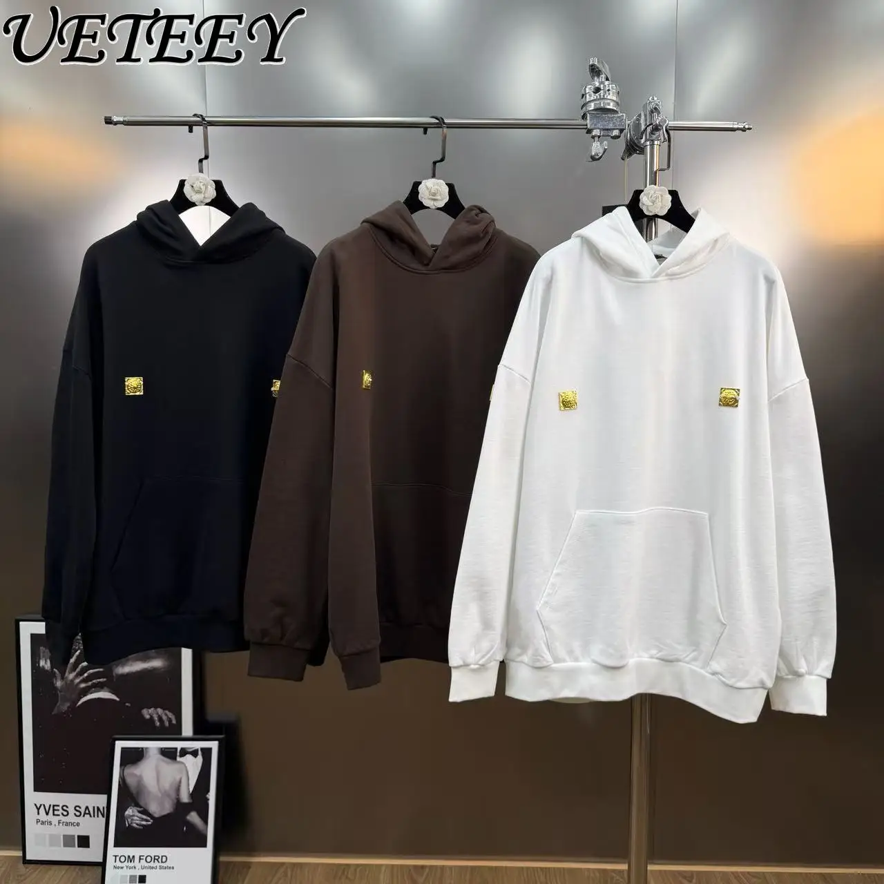 

2026 Spring Hooded Long Sleeve Metal Decor Sweatshirt Heavy Loose Solid Color Versatile Hoodies Simple Style Pullover