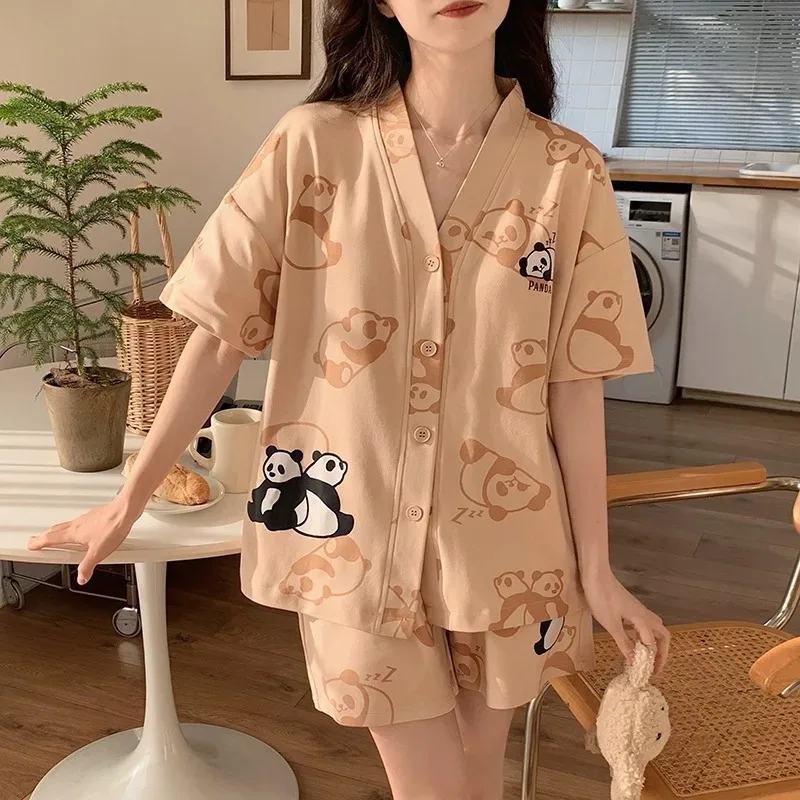 Plus Size M-2XL Cotton pajamas set For Women Summer Kimono Pijamas Set Cartoon Printed Nightwear V Neck Home Clothes Mujer Pyjam