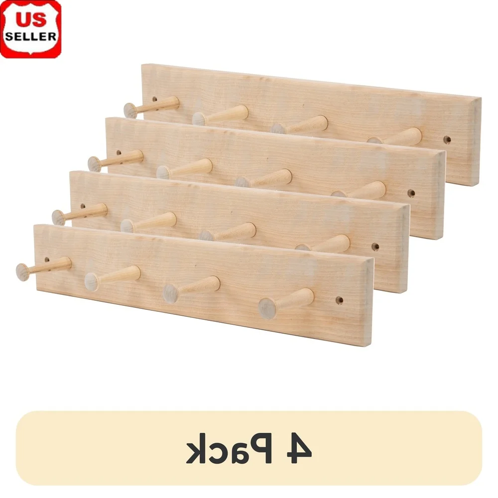 

4 Pack 18 Inch Wall Mounted Wooden Hook Rack 4 Pegs Coats Hats Scarves Towels Entryway Kitchen Storage