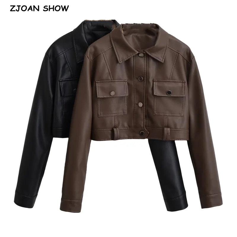 2023 COOL Women Safari Crop PU Leather Jacket American Retro Full Sleeve Single-breasted Buttons Coat Short Outwear Brown Black