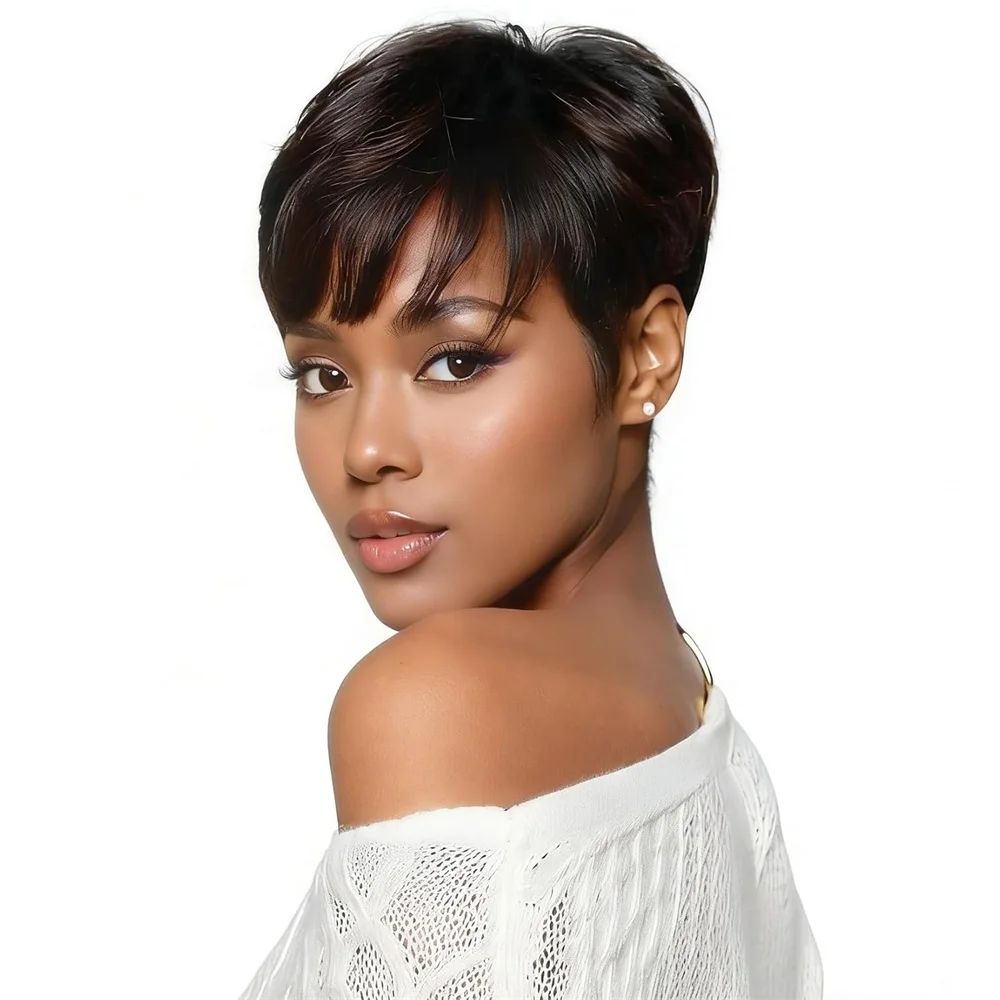 Pixie Cut Wig Human Hair Wig for Black Women Short Bob Wig Short Layered Pixie Cut Wigs Glueless Wig with Bangs