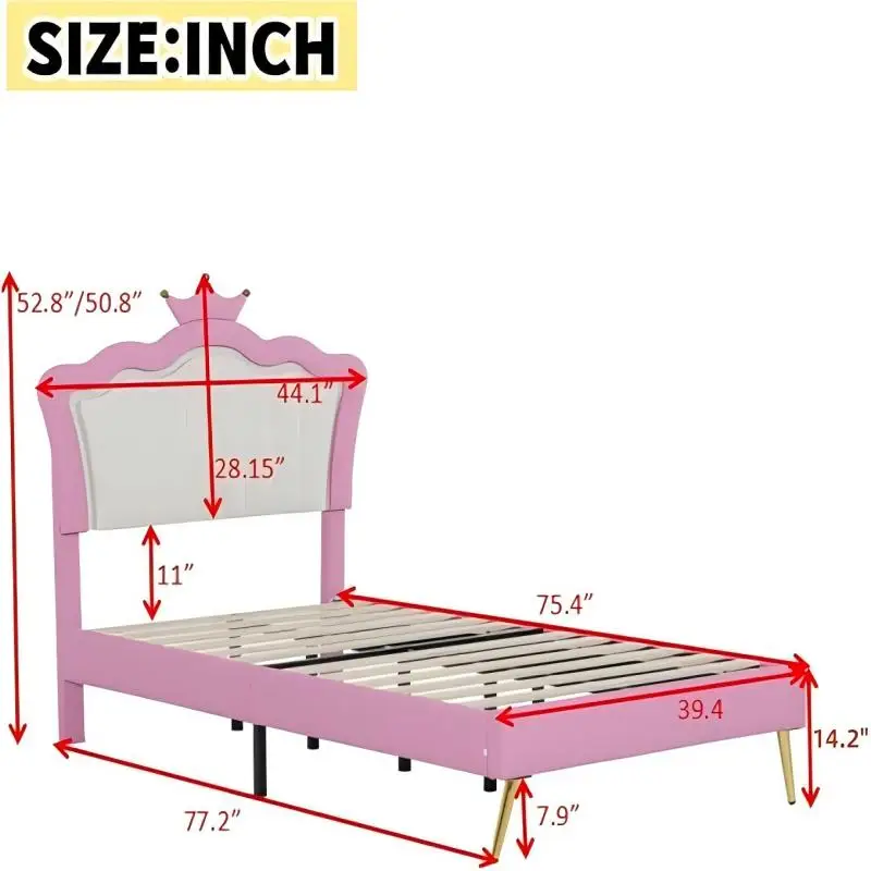 Cama de princesa de tamanho duplo com gavetas de armazenamento para meninas, estrutura de cama de tamanho duplo fofa para crianças, estrutura de cama estofada de solteiro com LE