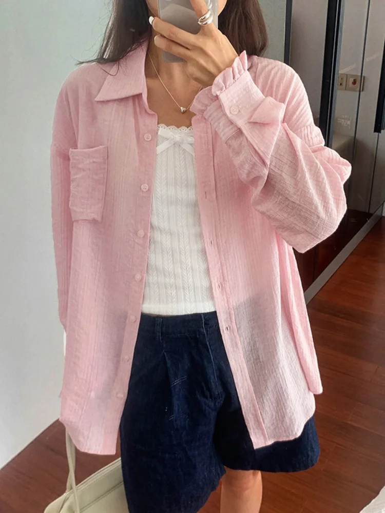 

Bonboho Women's Pink Loose Fit Shirt Lapel Collar Buttoned Casual Daily Wear T-shirt 2026 Spring Fashion Female Blouse