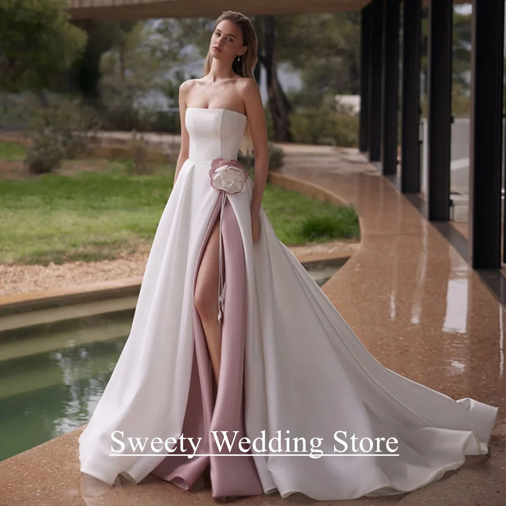 New Arrival Satin Wedding Dress Customized Strapless Sleeveless Flower High Slit Draped A Line Bridal Gown for Woman Bride
