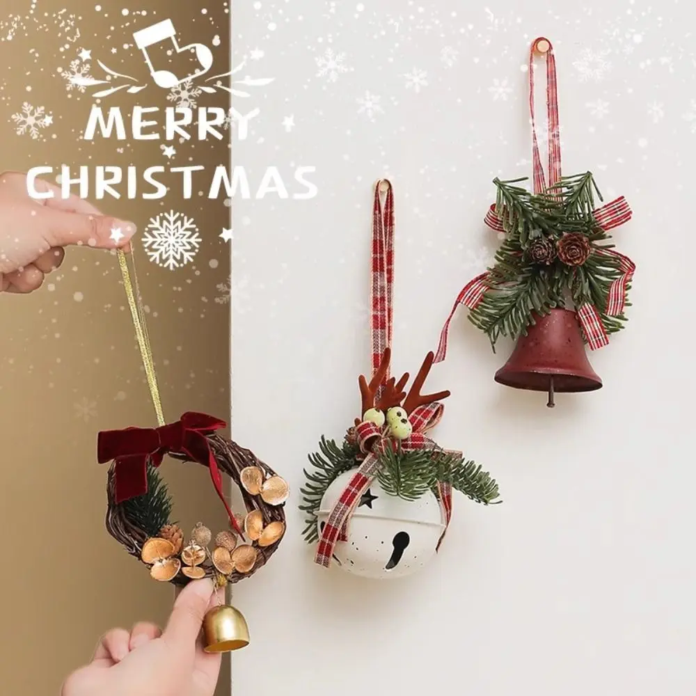 

Creative Red Christmas Velvet Bow Bell Wreath Green Christmas Chime Bell Metal Hanging Pine Cone Bell Pendant Xmas Decor