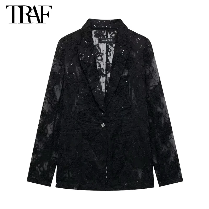 TRAF 2024 Flower Sequin Blazer Women Black Semi Sheer Women\'s Blazers Long Sleeve Textured Blazer Woman New in Outerwears Jacket