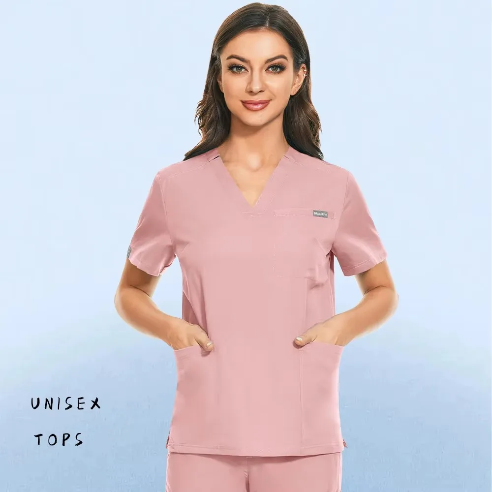 Unisex V-Neck Tops For Joggers Nurse Uniforms Women Solid Color Scrub Tops Pet Hospital Uniform Men Top Surgical Gown Pocket