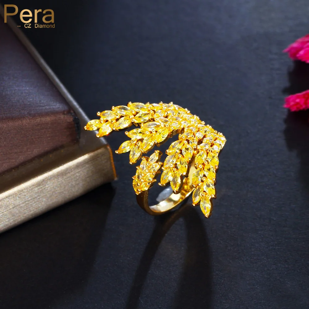 Pera Graceful Yellow Gold Colour CZ Wheat Leaf Design Birthday Party Big Resizable Open Rings for Best Friend Jewelry Gift R165